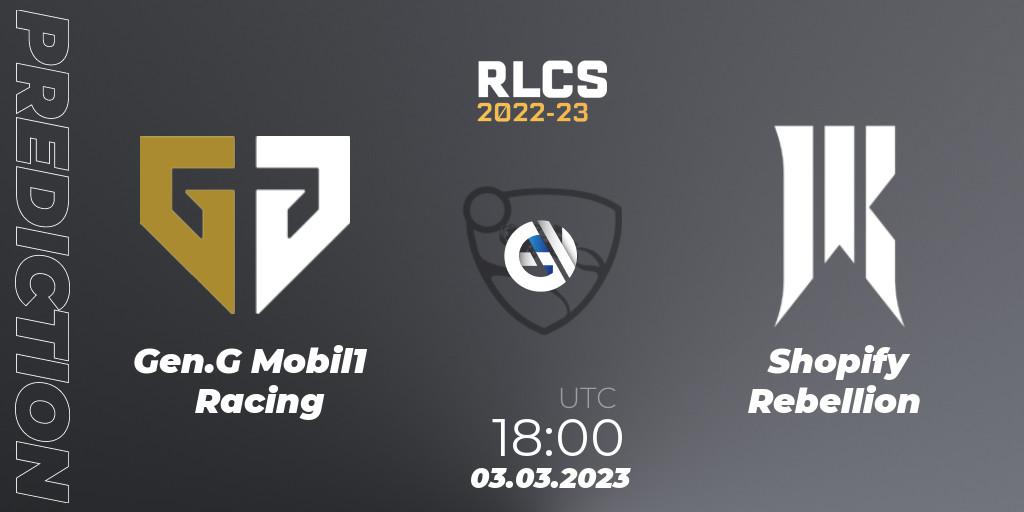 Prognose für das Spiel Gen.G Mobil1 Racing VS Shopify Rebellion. 03.03.2023 at 18:00. Rocket League - RLCS 2022-23 - Winter: North America Regional 3 - Winter Invitational