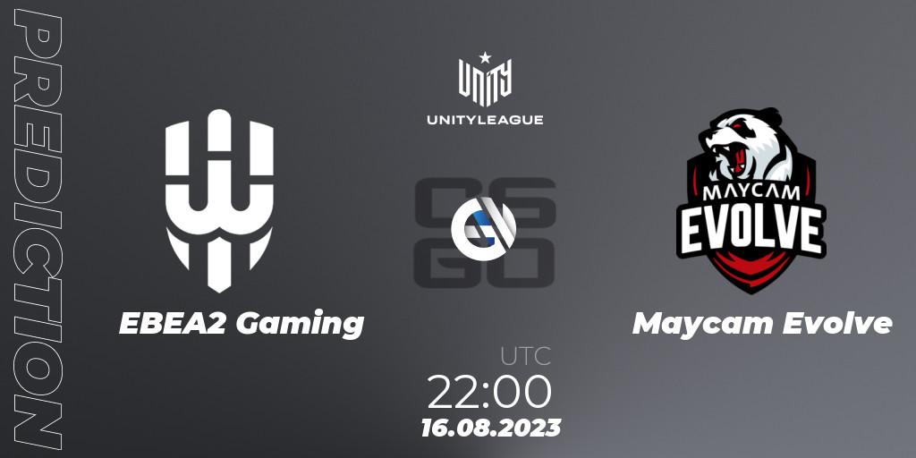 Prognose für das Spiel EBEA2 Gaming VS Maycam Evolve. 16.08.2023 at 22:00. Counter-Strike (CS2) - LVP Unity League Argentina 2023