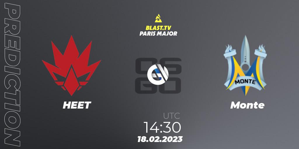 Prognose für das Spiel HEET VS Monte. 18.02.23. CS2 (CS:GO) - BLAST.tv Paris Major 2023 Europe RMR Closed Qualifier B