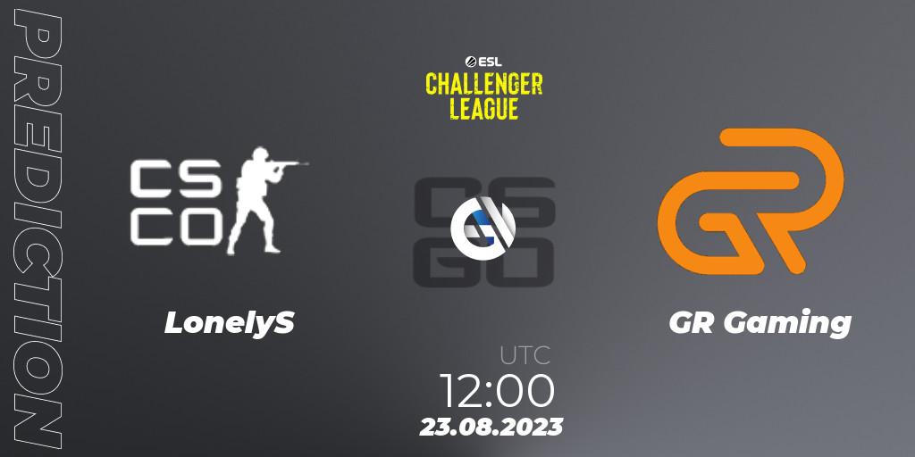 Prognose für das Spiel LonelyS VS GR Gaming. 23.08.2023 at 12:00. Counter-Strike (CS2) - ESL Challenger League Season 46: Asia-Pacific