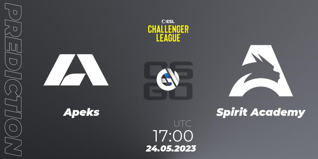 Prognose für das Spiel Apeks VS Spirit Academy. 24.05.2023 at 17:00. Counter-Strike (CS2) - ESL Challenger League Season 45: Europe