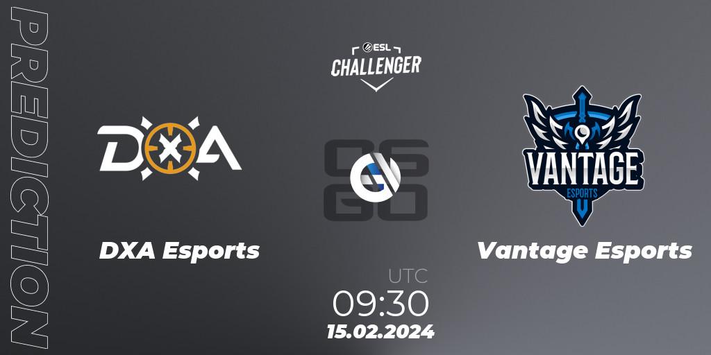 Prognose für das Spiel DXA Esports VS Vantage Esports. 15.02.2024 at 09:30. Counter-Strike (CS2) - ESL Challenger #56: Oceanic Closed Qualifier