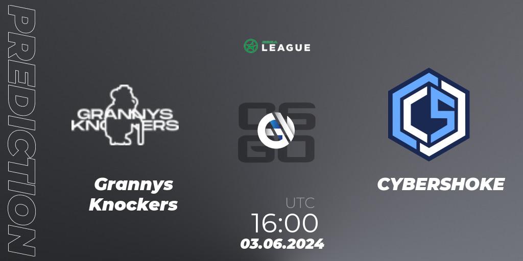 Prognose für das Spiel Grannys Knockers VS CYBERSHOKE. 03.06.2024 at 16:00. Counter-Strike (CS2) - ESEA Season 49: Advanced Division - Europe