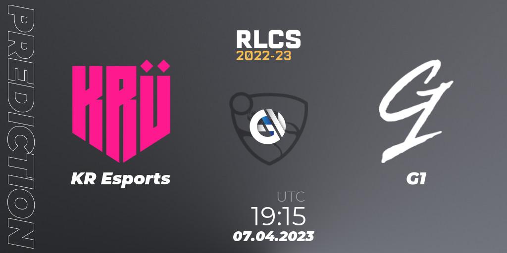 Prognose für das Spiel KRÜ Esports VS G1. 07.04.2023 at 22:45. Rocket League - RLCS 2022-23 - Winter Split Major