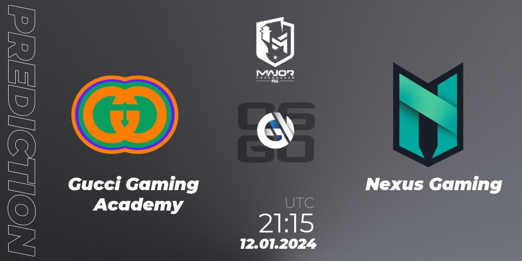 Prognose für das Spiel Gucci Gaming Academy VS Nexus Gaming. 12.01.2024 at 21:15. Counter-Strike (CS2) - PGL CS2 Major Copenhagen 2024 Europe RMR Open Qualifier 3