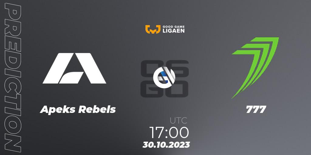 Prognose für das Spiel Apeks Rebels VS 777. 30.10.2023 at 17:00. Counter-Strike (CS2) - Good Game-ligaen Fall 2023: Regular Season