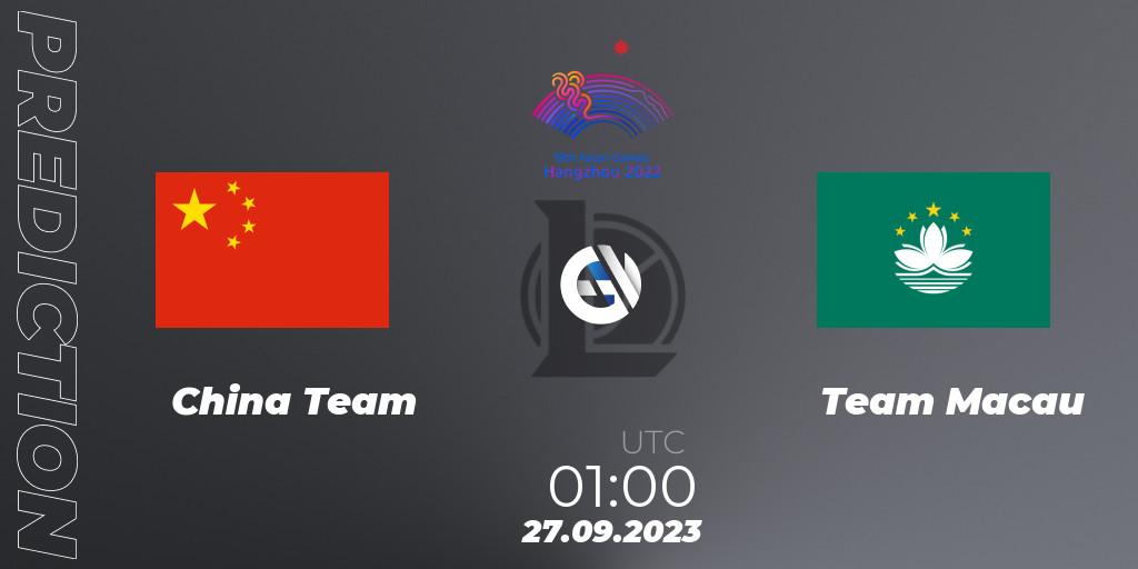 Prognose für das Spiel China Team VS Team Macau. 27.09.2023 at 01:00. LoL - 2022 Asian Games