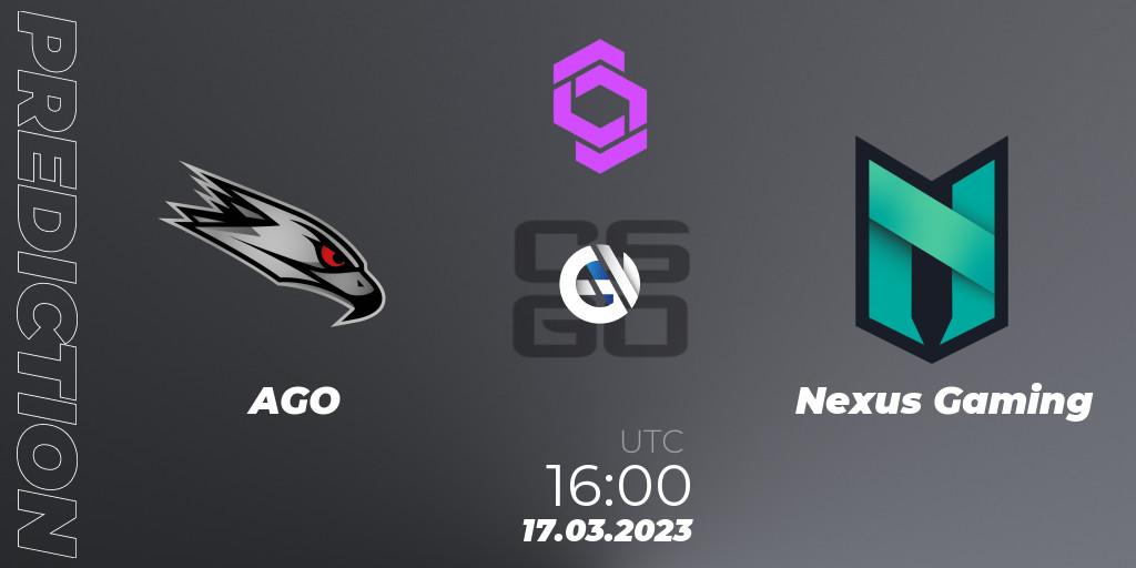 Prognose für das Spiel AGO VS Nexus Gaming. 17.03.23. CS2 (CS:GO) - CCT West Europe Series #2