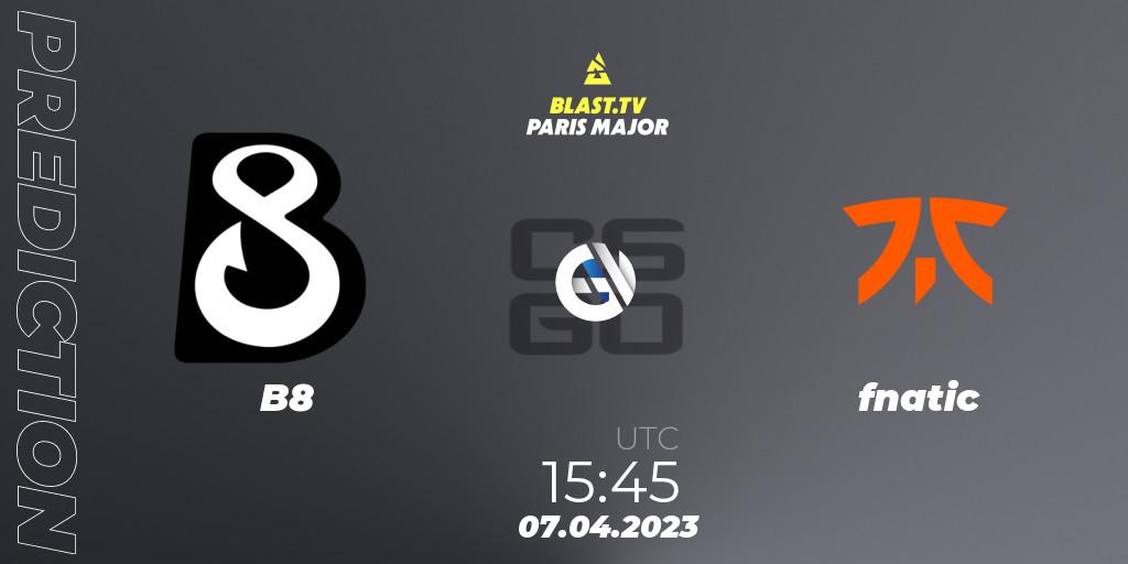Prognose für das Spiel B8 VS fnatic. 07.04.23. CS2 (CS:GO) - BLAST.tv Paris Major 2023 Europe RMR A