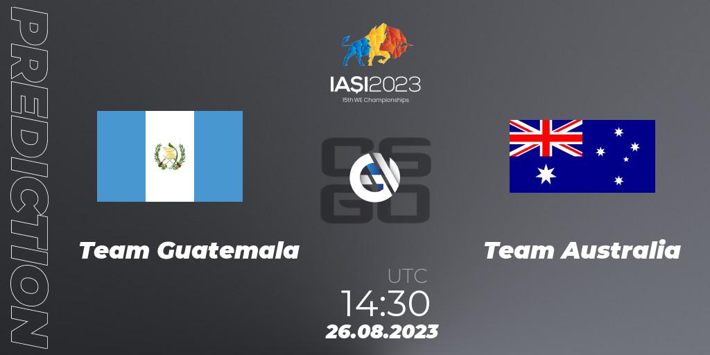 Prognose für das Spiel Team Guatemala VS Team Australia. 26.08.2023 at 17:30. Counter-Strike (CS2) - IESF World Esports Championship 2023