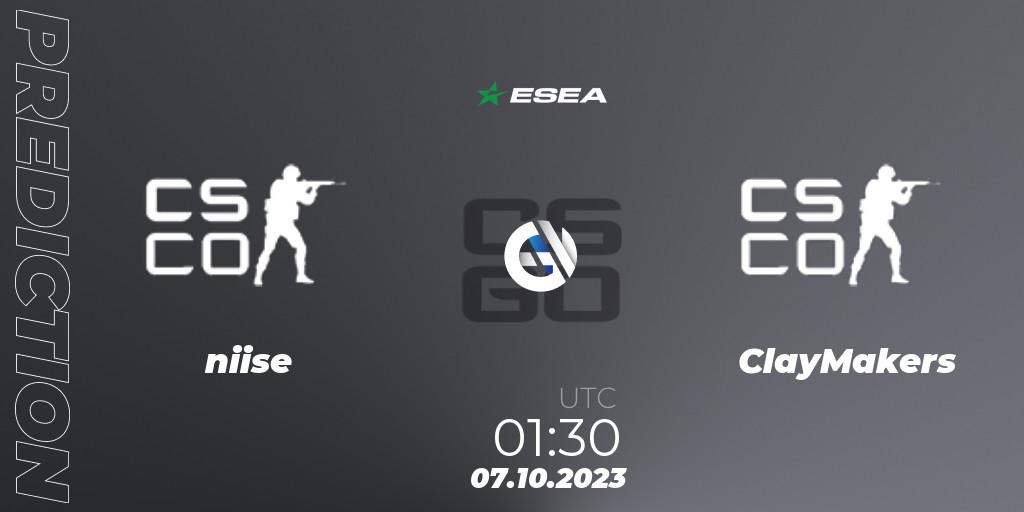 Prognose für das Spiel niise VS ClayMakers. 07.10.2023 at 00:35. Counter-Strike (CS2) - ESEA Advanced Season 46 North America