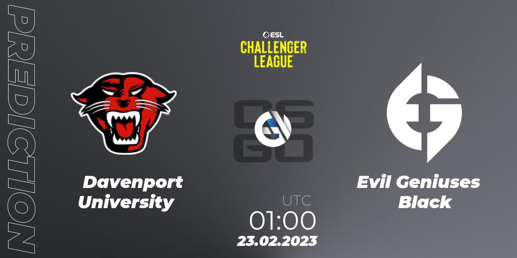 Prognose für das Spiel Davenport University VS Evil Geniuses Black. 23.02.23. CS2 (CS:GO) - ESL Challenger League Season 44: North America