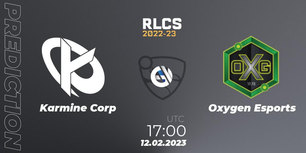 Prognose für das Spiel Karmine Corp VS Oxygen Esports. 12.02.2023 at 16:50. Rocket League - RLCS 2022-23 - Winter: Europe Regional 2 - Winter Cup