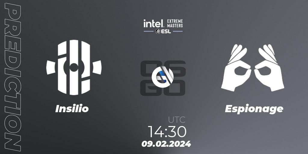 Prognose für das Spiel Insilio VS Espionage. 09.02.2024 at 14:30. Counter-Strike (CS2) - Intel Extreme Masters China 2024: European Closed Qualifier