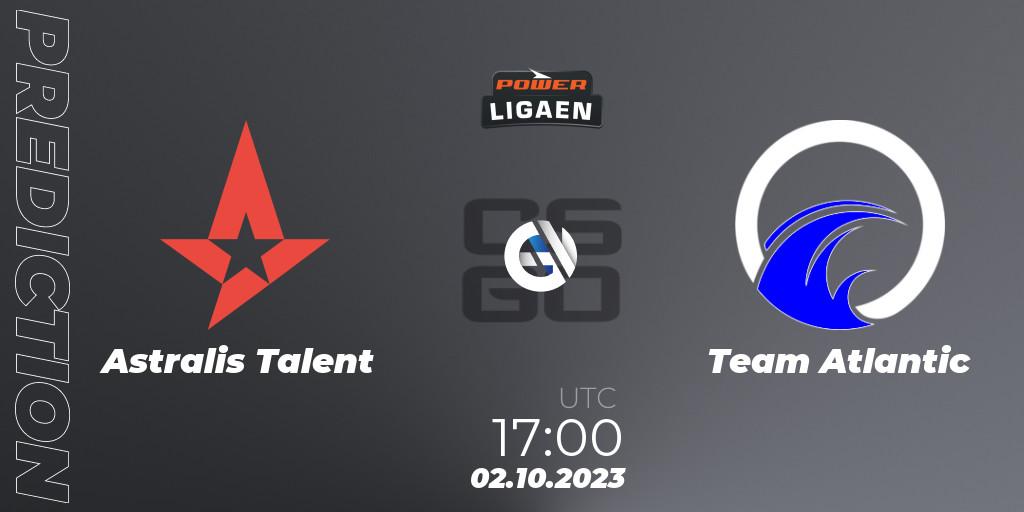 Prognose für das Spiel Astralis Talent VS Team Atlantic. 08.10.2023 at 14:00. Counter-Strike (CS2) - POWER Ligaen Season 24 Finals