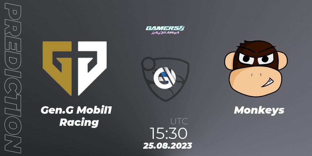 Prognose für das Spiel Gen.G Mobil1 Racing VS Monkeys. 25.08.2023 at 15:30. Rocket League - Gamers8 2023