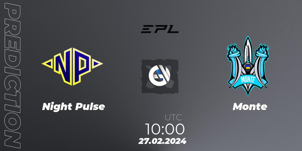 Prognose für das Spiel Night Pulse VS Monte. 27.02.2024 at 10:00. Dota 2 - European Pro League Season 17: Division 2