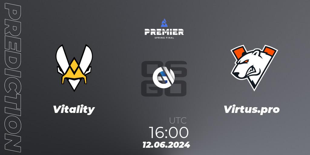 Prognose für das Spiel Vitality VS Virtus.pro. 12.06.2024 at 15:45. Counter-Strike (CS2) - BLAST Premier Spring Final 2024