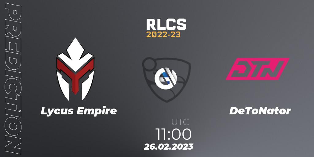 Prognose für das Spiel Lycus Empire VS DeToNator. 26.02.2023 at 11:20. Rocket League - RLCS 2022-23 - Winter: Asia-Pacific Regional 3 - Winter Invitational
