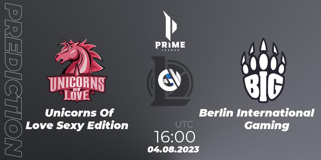 Prognose für das Spiel Unicorns Of Love Sexy Edition VS Berlin International Gaming. 04.08.2023 at 16:00. LoL - Prime League Summer 2023 - Playoffs