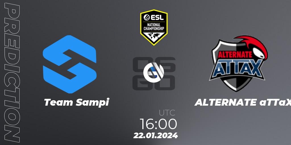 Prognose für das Spiel Team Sampi VS ALTERNATE aTTaX. 22.01.2024 at 16:00. Counter-Strike (CS2) - ESL Pro League Season 19 NC Europe Qualifier