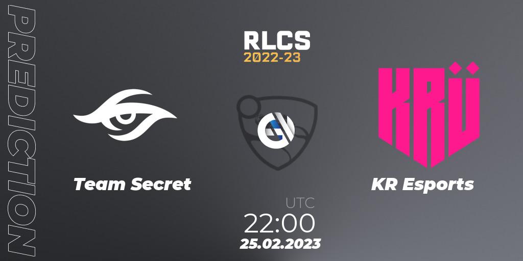 Prognose für das Spiel Team Secret VS KRÜ Esports. 25.02.2023 at 20:00. Rocket League - RLCS 2022-23 - Winter: South America Regional 3 - Winter Invitational