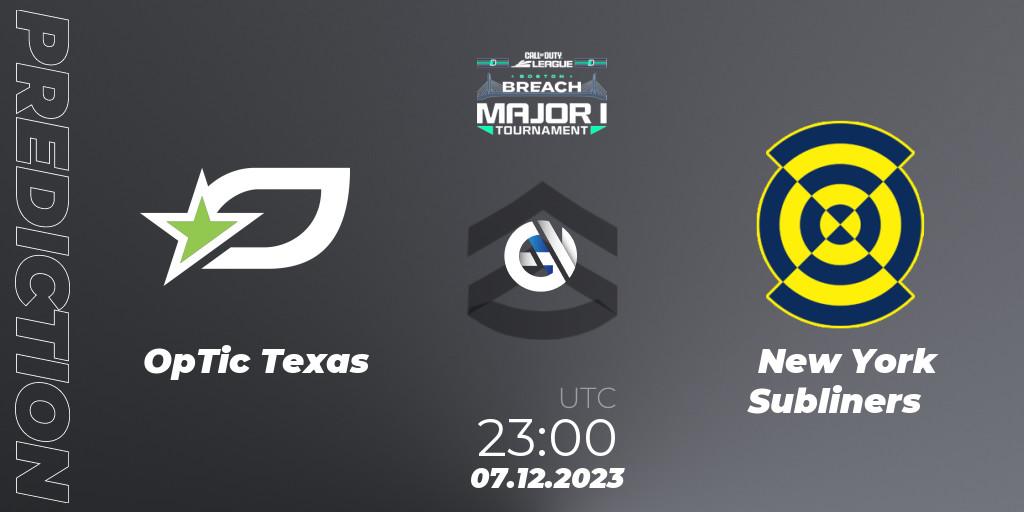 Prognose für das Spiel OpTic Texas VS New York Subliners. 08.12.2023 at 23:30. Call of Duty - Call of Duty League 2024: Stage 1 Major Qualifiers