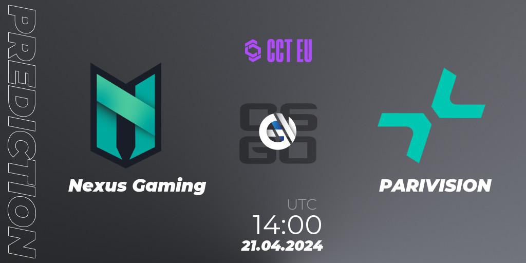 Prognose für das Spiel Nexus Gaming VS PARIVISION. 21.04.24. CS2 (CS:GO) - CCT Season 2 Europe Series 1