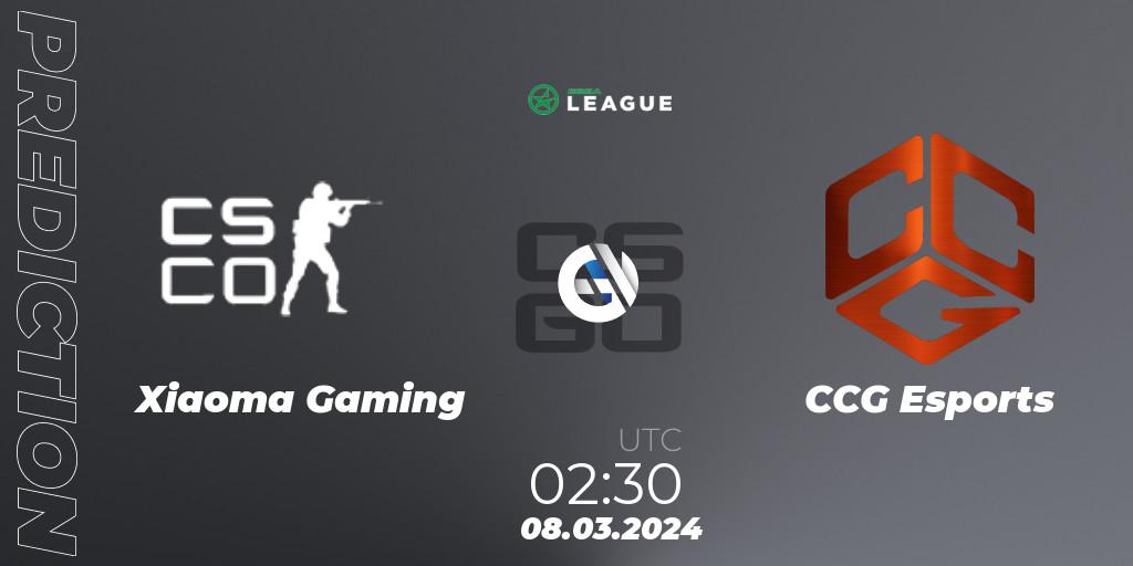 Prognose für das Spiel Xiaoma Gaming VS CCG Esports. 08.03.2024 at 02:30. Counter-Strike (CS2) - ESEA Season 48: Advanced Division - North America