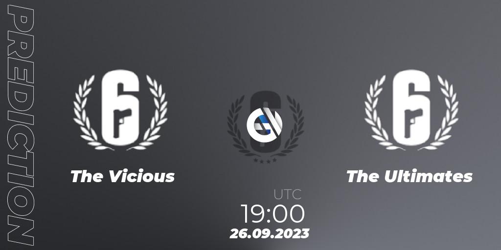 Prognose für das Spiel The Vicious VS The Ultimates. 26.09.2023 at 19:00. Rainbow Six - Saudi eLeague 2023 - Stage 2