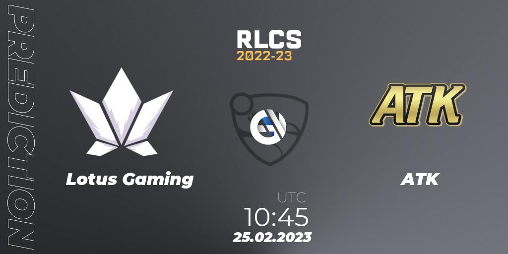 Prognose für das Spiel Lotus Gaming VS ATK. 25.02.2023 at 10:45. Rocket League - RLCS 2022-23 - Winter: Asia-Pacific Regional 3 - Winter Invitational