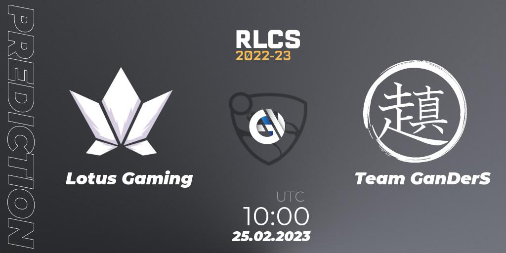 Prognose für das Spiel Lotus Gaming VS Team GanDerS. 25.02.2023 at 10:00. Rocket League - RLCS 2022-23 - Winter: Asia-Pacific Regional 3 - Winter Invitational
