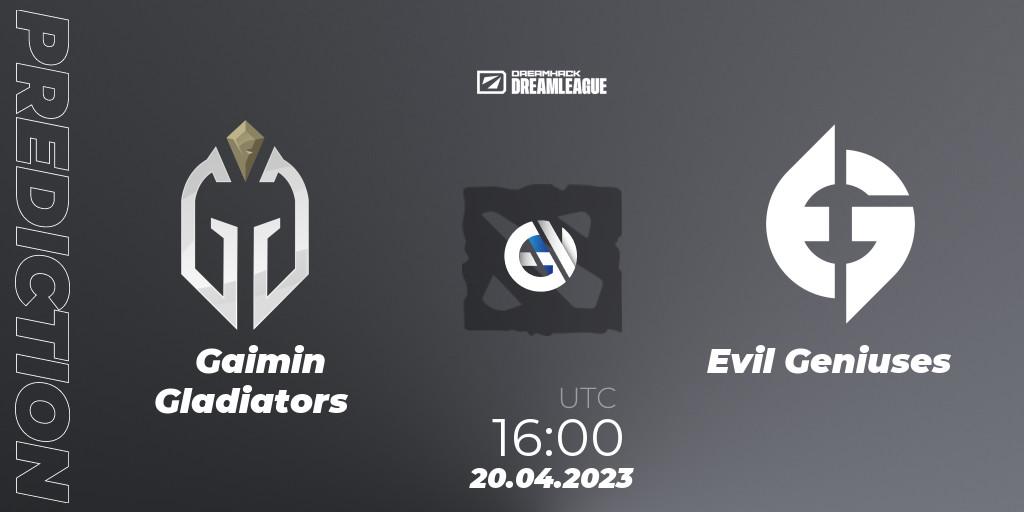 Prognose für das Spiel Gaimin Gladiators VS Evil Geniuses. 20.04.2023 at 15:55. Dota 2 - DreamLeague Season 19 - Group Stage 2