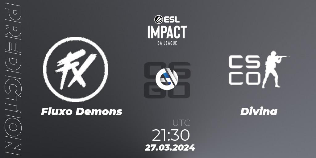 Prognose für das Spiel Fluxo Demons VS Divina. 27.03.2024 at 21:30. Counter-Strike (CS2) - ESL Impact League Season 5: South America