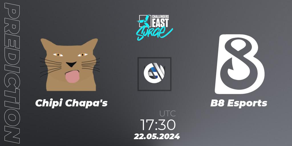 Prognose für das Spiel Chipi Chapa's VS B8 Esports. 22.05.2024 at 18:00. VALORANT - VALORANT Challengers 2024 East: Surge Split 2