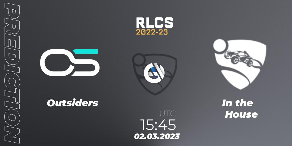 Prognose für das Spiel Outsiders VS In the House. 02.03.2023 at 15:45. Rocket League - RLCS 2022-23 - Winter: Middle East and North Africa Regional 3 - Winter Invitational