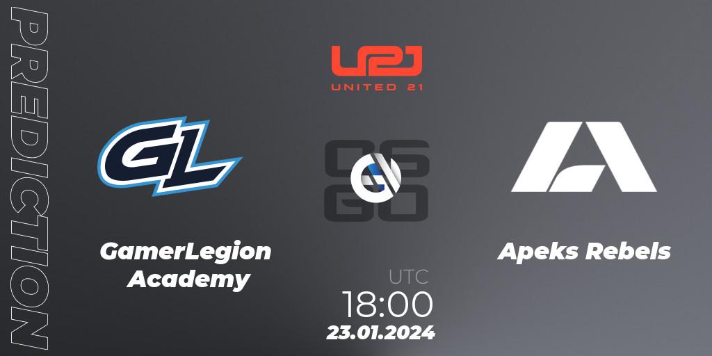 Prognose für das Spiel GamerLegion Academy VS Apeks Rebels. 23.01.24. CS2 (CS:GO) - United21 Season 10: Division 2