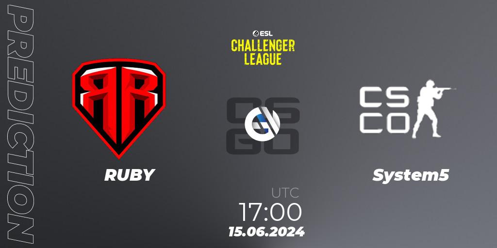 Prognose für das Spiel RUBY VS System5. 15.06.2024 at 17:00. Counter-Strike (CS2) - ESL Challenger League Season 47 Relegation: Europe