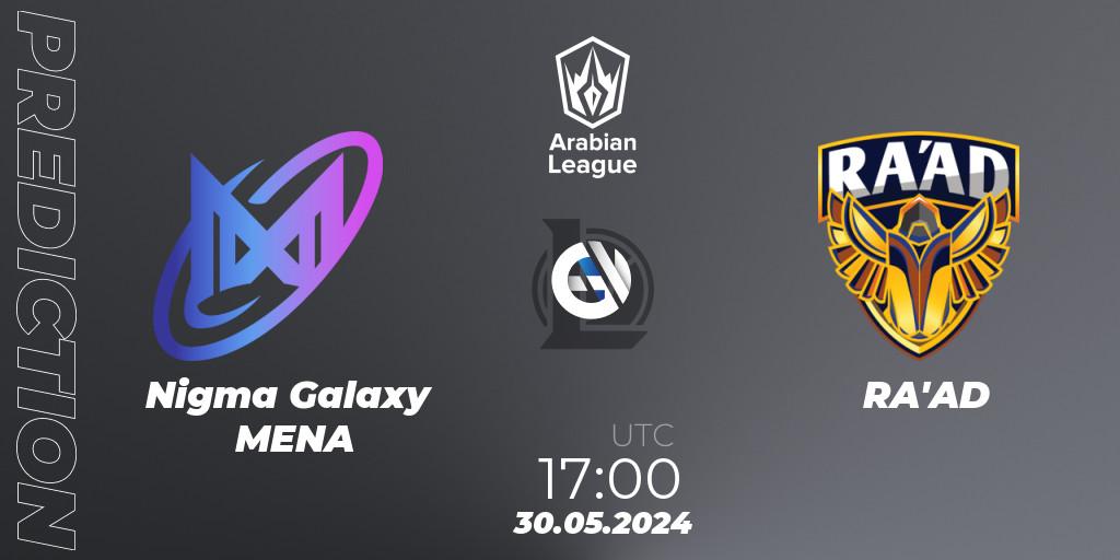 Prognose für das Spiel Nigma Galaxy MENA VS RA'AD. 30.05.2024 at 17:00. LoL - Arabian League Summer 2024