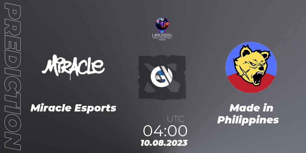 Prognose für das Spiel Miracle Esports VS Made in Philippines. 10.08.2023 at 04:07. Dota 2 - LingNeng Trendy Invitational