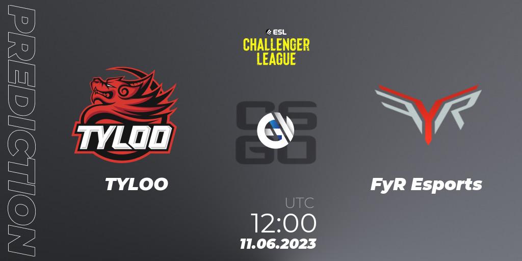 Prognose für das Spiel TYLOO VS FyR Esports. 11.06.2023 at 12:00. Counter-Strike (CS2) - ESL Challenger League Season 45 Relegation: Asia-Pacific