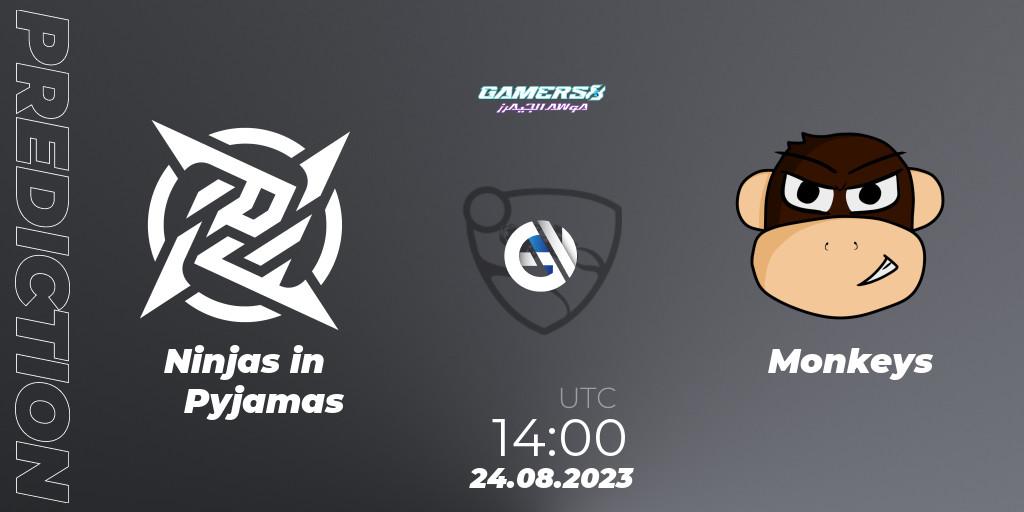 Prognose für das Spiel Ninjas in Pyjamas VS Monkeys. 24.08.2023 at 14:00. Rocket League - Gamers8 2023