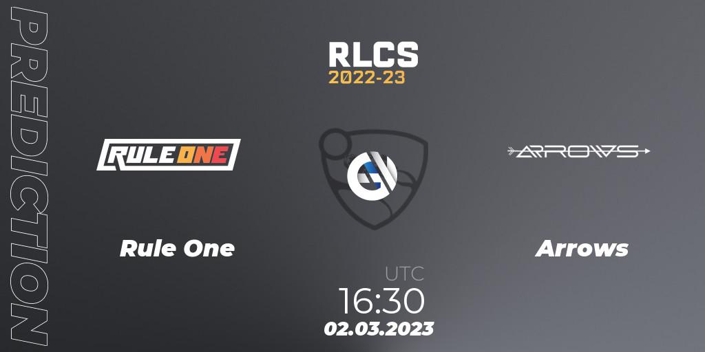 Prognose für das Spiel Rule One VS Arrows. 02.03.2023 at 16:30. Rocket League - RLCS 2022-23 - Winter: Middle East and North Africa Regional 3 - Winter Invitational