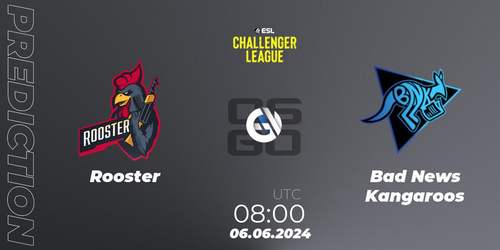 Prognose für das Spiel Rooster VS Bad News Kangaroos. 06.06.2024 at 08:00. Counter-Strike (CS2) - ESL Challenger League Season 47: Oceania