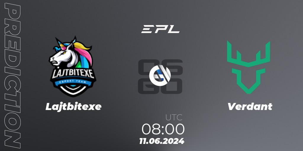Prognose für das Spiel Lajtbitexe VS Verdant. 11.06.2024 at 08:00. Counter-Strike (CS2) - European Pro League Season 18: Division 2