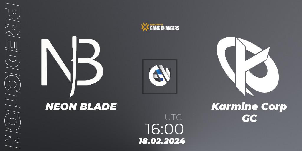 Prognose für das Spiel NEON BLADE VS Karmine Corp GC. 18.02.2024 at 16:00. VALORANT - VCT 2024: Game Changers EMEA Stage 1
