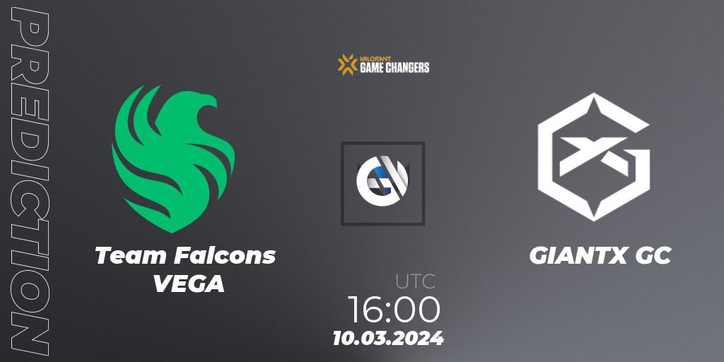 Prognose für das Spiel Team Falcons VEGA VS GIANTX GC. 10.03.2024 at 16:00. VALORANT - VCT 2024: Game Changers EMEA Stage 1