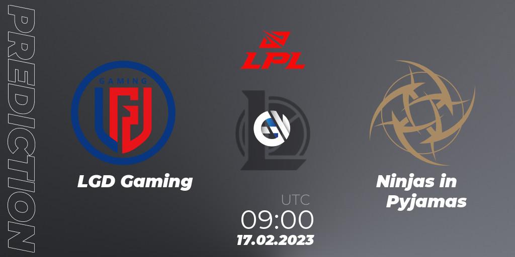 Prognose für das Spiel LGD Gaming VS Ninjas in Pyjamas. 17.02.2023 at 09:00. LoL - LPL Spring 2023 - Group Stage