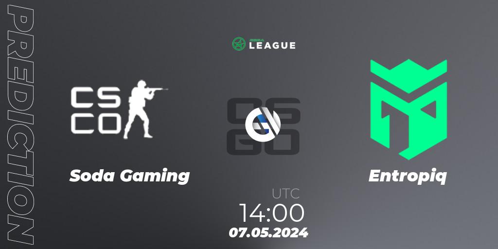 Prognose für das Spiel Soda Gaming VS Entropiq. 07.05.2024 at 14:00. Counter-Strike (CS2) - ESEA Season 49: Advanced Division - Europe