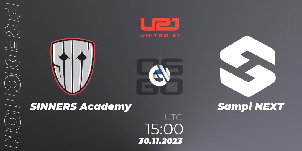 Prognose für das Spiel SINNERS Academy VS Sampi NEXT. 30.11.2023 at 15:00. Counter-Strike (CS2) - United21 Season 8: Division 2